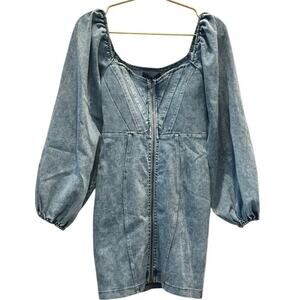 Angel Biba – Denim Puff Sleeve Zip Dress – Light Wash – Size Small